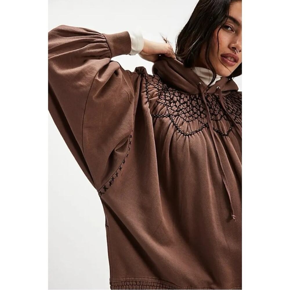 Free People Bohemian Marty Smocked Mini Dress Brown Bear Sweatshirt Tunic Medium - Picture 7 of 15